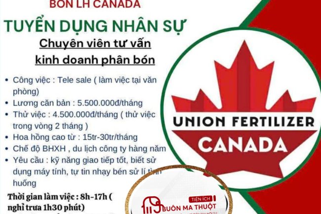 TUYỂN  DỤNG NHÂN SỰ  NGHÀNH PHÂN BÓN  Hoa hồng cao từ: 15tr - 30tr/tháng